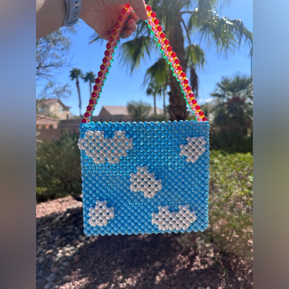Susan Alexandra Big Skies Purse Beaded Blue Sky and Cloud Bag Rainbow Handle Bag